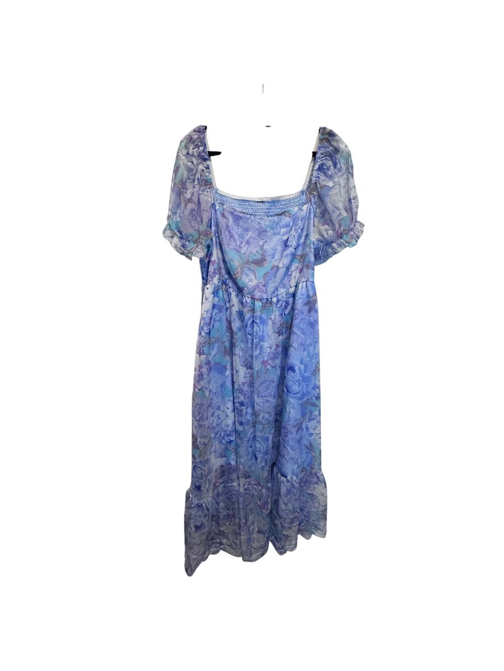 Cottagecore Floral Smocked Maxi Dress Purple Blue Chiffon Puff Sleeve Large